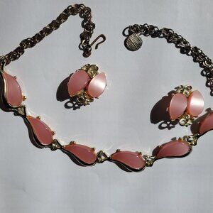Unsigned Lucite Pink Moonglow Vintage Necklace and Clip-on Earrings Set
